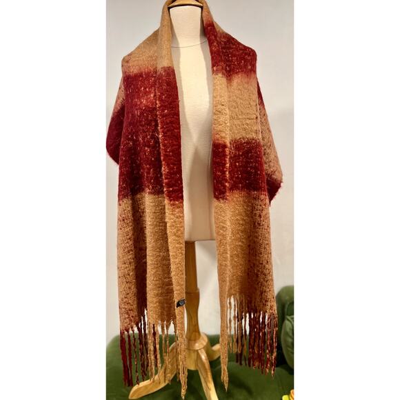 Boho Hippie Knit Striped Scarf Tan Red Soft Comfy Warm - Picture 4 of 11